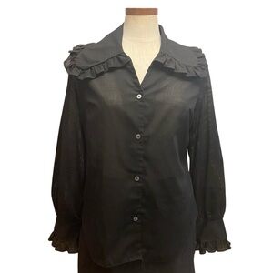 Vtg 60’s Mod Jane Hunter Black Semi Sheer Ruffle Collar Button Down Blouse S